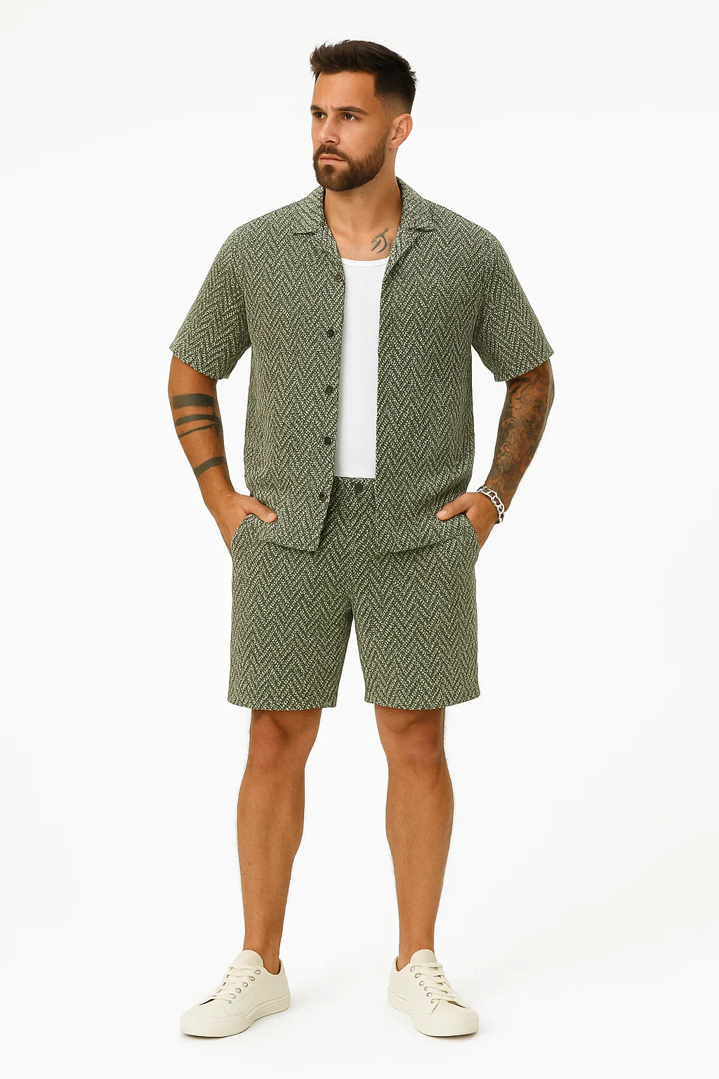 Vardagligt mönstrat skjorta- och shortsset för män